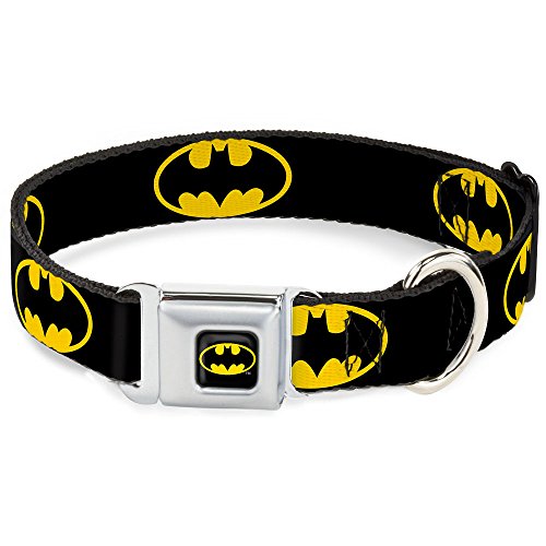 Dog Collar Seatbelt Buckle Batman Shield Black Yellow 11 to 17 Inches 1.0 Inch Wide