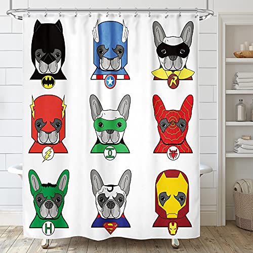 Superhero Shower Curtain Free Metal Hooks 12-Pack Bulldog Cartoon Kids Puppies
