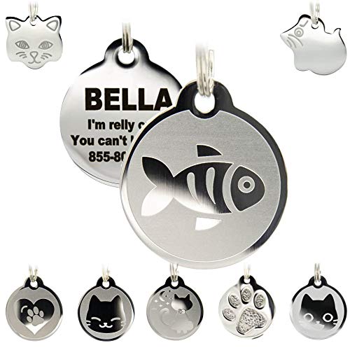Stainless Steel Cat ID Tags - Engraved Personalized Cat Tags Includes up to 4 Lines of Text with Cat...