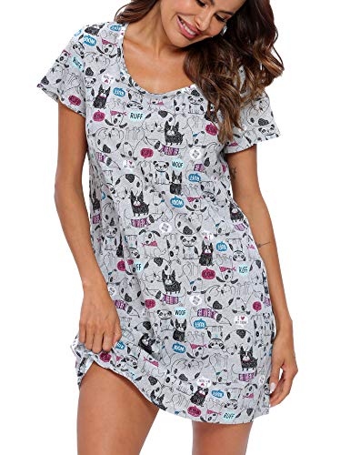 ENJOYNIGHT Women's Sleepwear Cotton Sleep Tee Short Sleeves Print Sleepshirt (Medium, GR Dog)