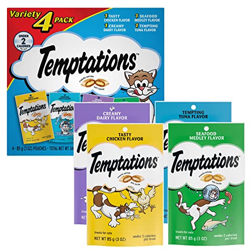 TEMPTATIONS Classic Crunchy and Soft Cat Treats Feline Favorite Variety Pack, 4 Count (Pack of 1)