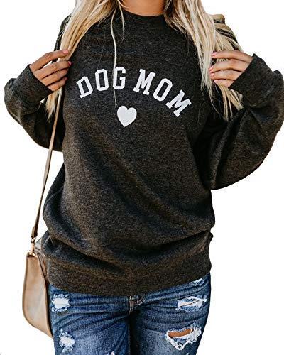 Heymiss Womens Tops Dog Mom Shirt Long Sleeve O Neck Letter Print Tee Dark Grey L