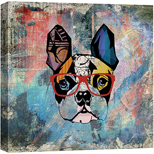 wall26 Square Dog Series Canvas Wall Art - Colorful Painting of a Dog with Glasses with Grunge...